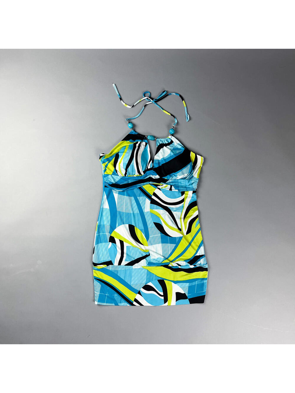 Y2K Abstract Patterned Mini Halter Dress, Turquoise Blue & Lime Green